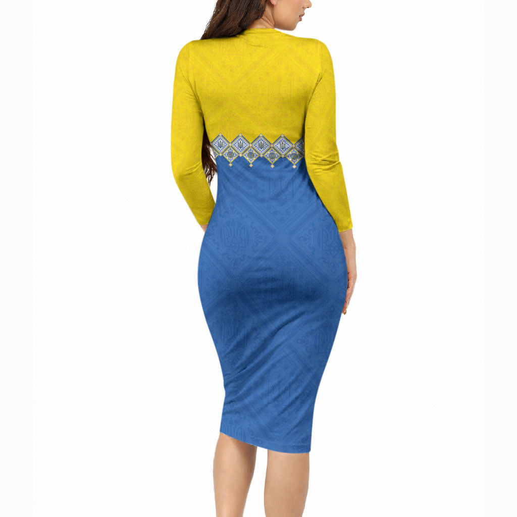 Ukraine Trident Symbol Long Sleeve Bodycon Dress Ukrainian Flag Inspired