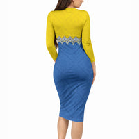 Ukraine Trident Symbol Long Sleeve Bodycon Dress Ukrainian Flag Inspired