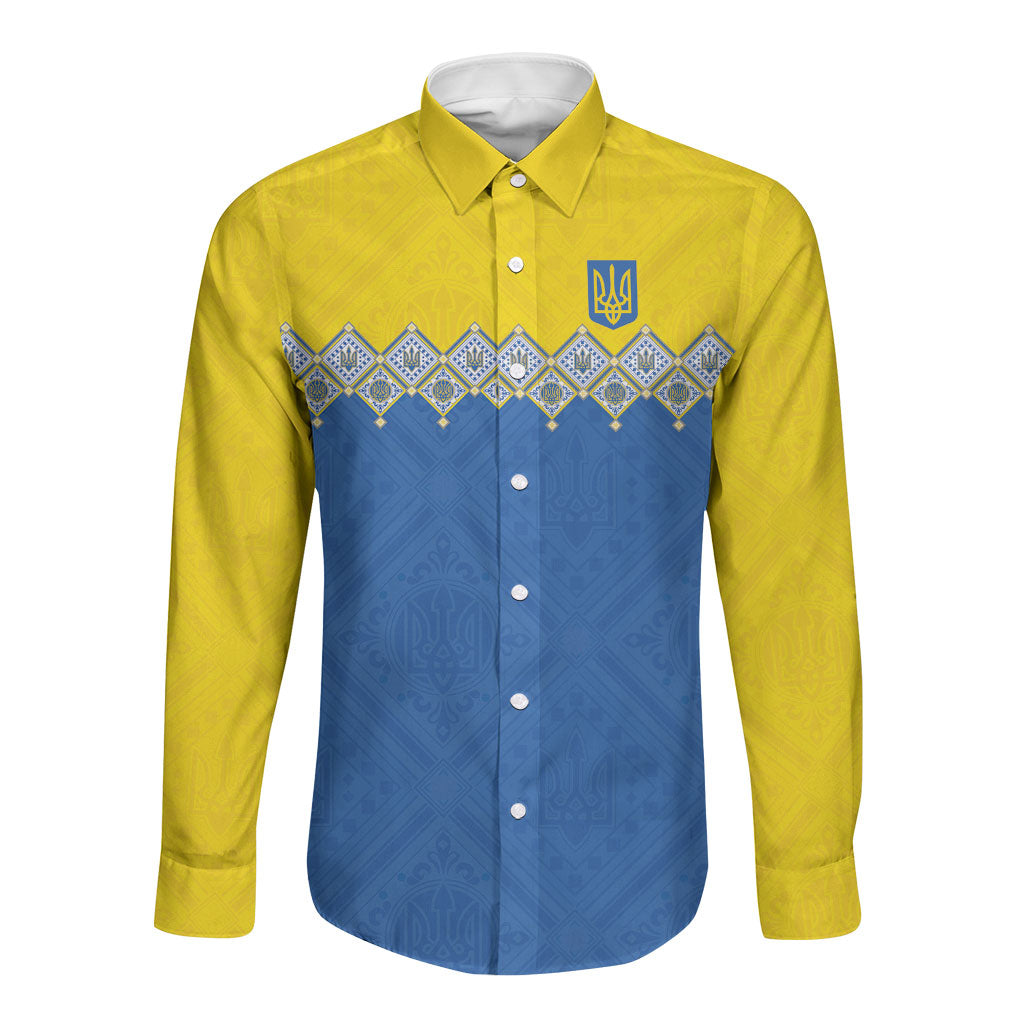 Ukraine Trident Symbol Long Sleeve Button Shirt Ukrainian Flag Inspired