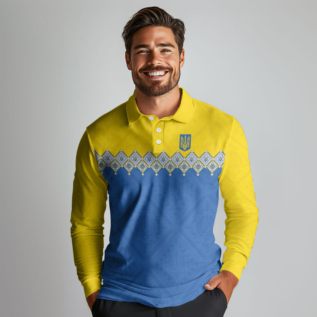 Ukraine Trident Symbol Long Sleeve Polo Shirt Ukrainian Flag Inspired