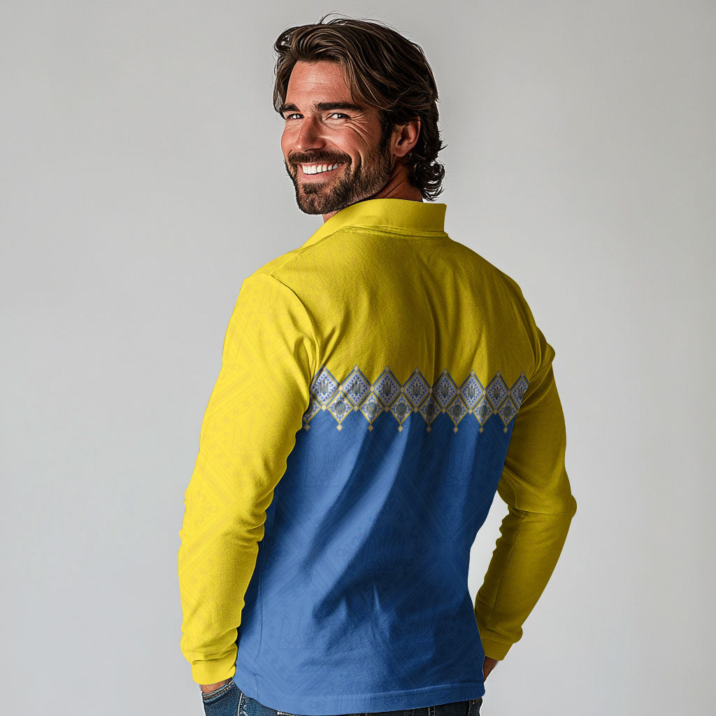 Ukraine Trident Symbol Long Sleeve Polo Shirt Ukrainian Flag Inspired