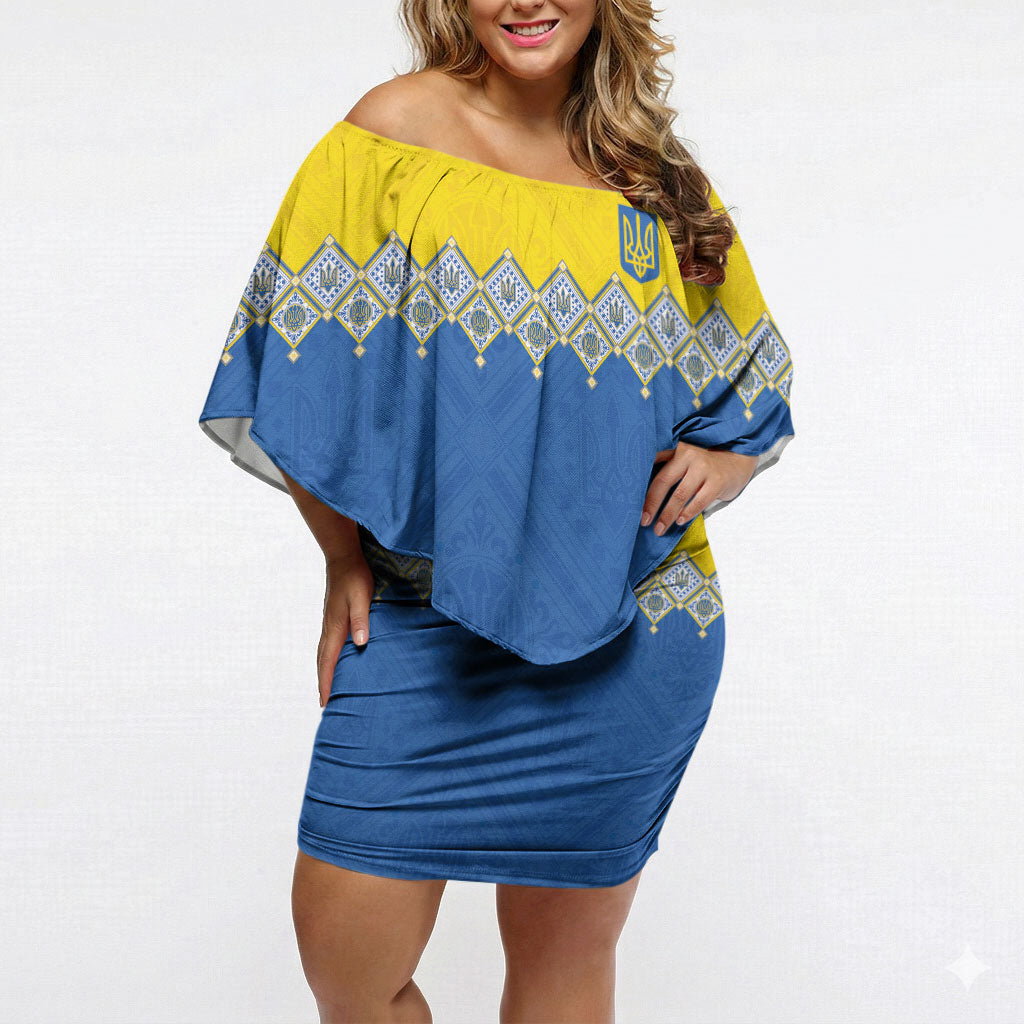 Ukraine Trident Symbol Off Shoulder Short Dress Ukrainian Flag Inspired