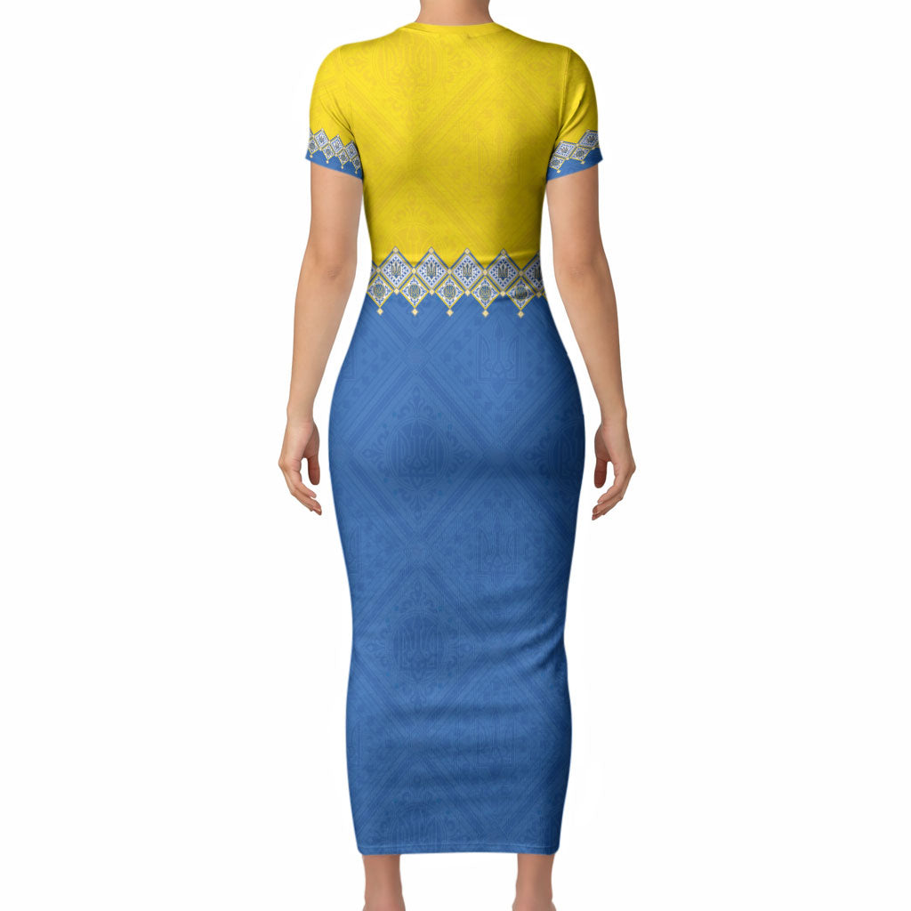 Ukraine Trident Symbol Short Sleeve Bodycon Dress Ukrainian Flag Inspired