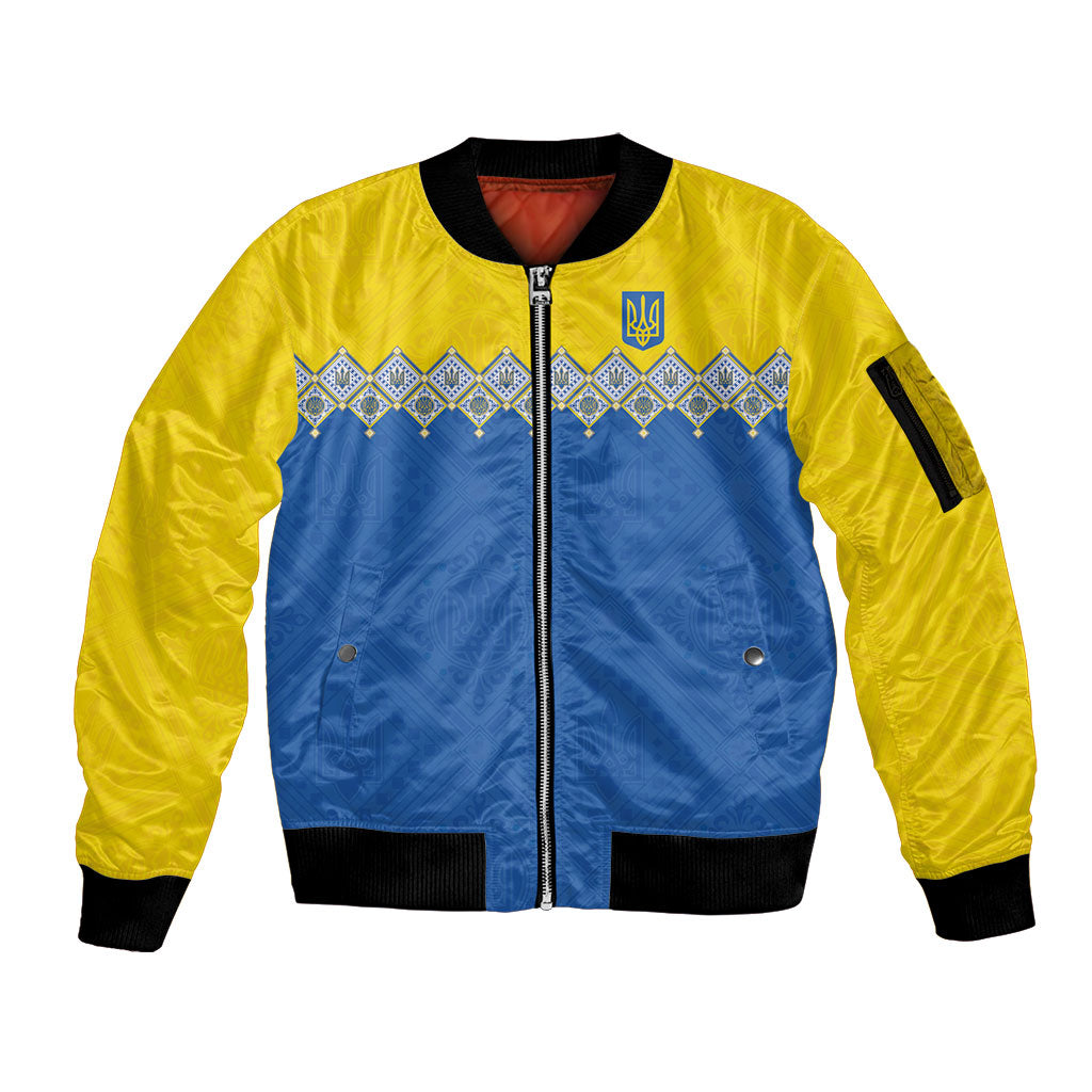 Ukraine Trident Symbol Sleeve Zip Bomber Jacket Ukrainian Flag Inspired