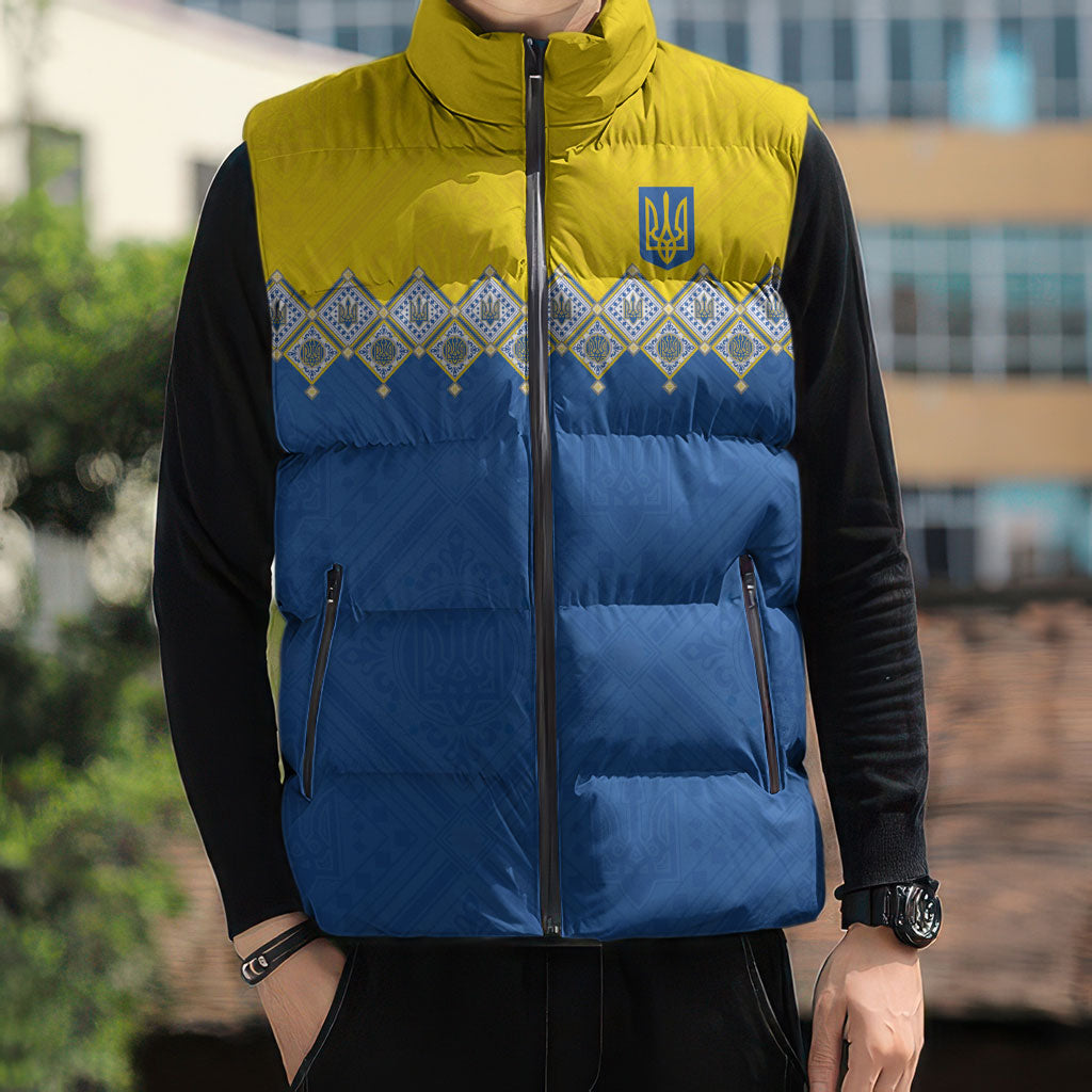 Ukraine Trident Symbol Sleeveless Puffer Jacket Ukrainian Flag Inspired