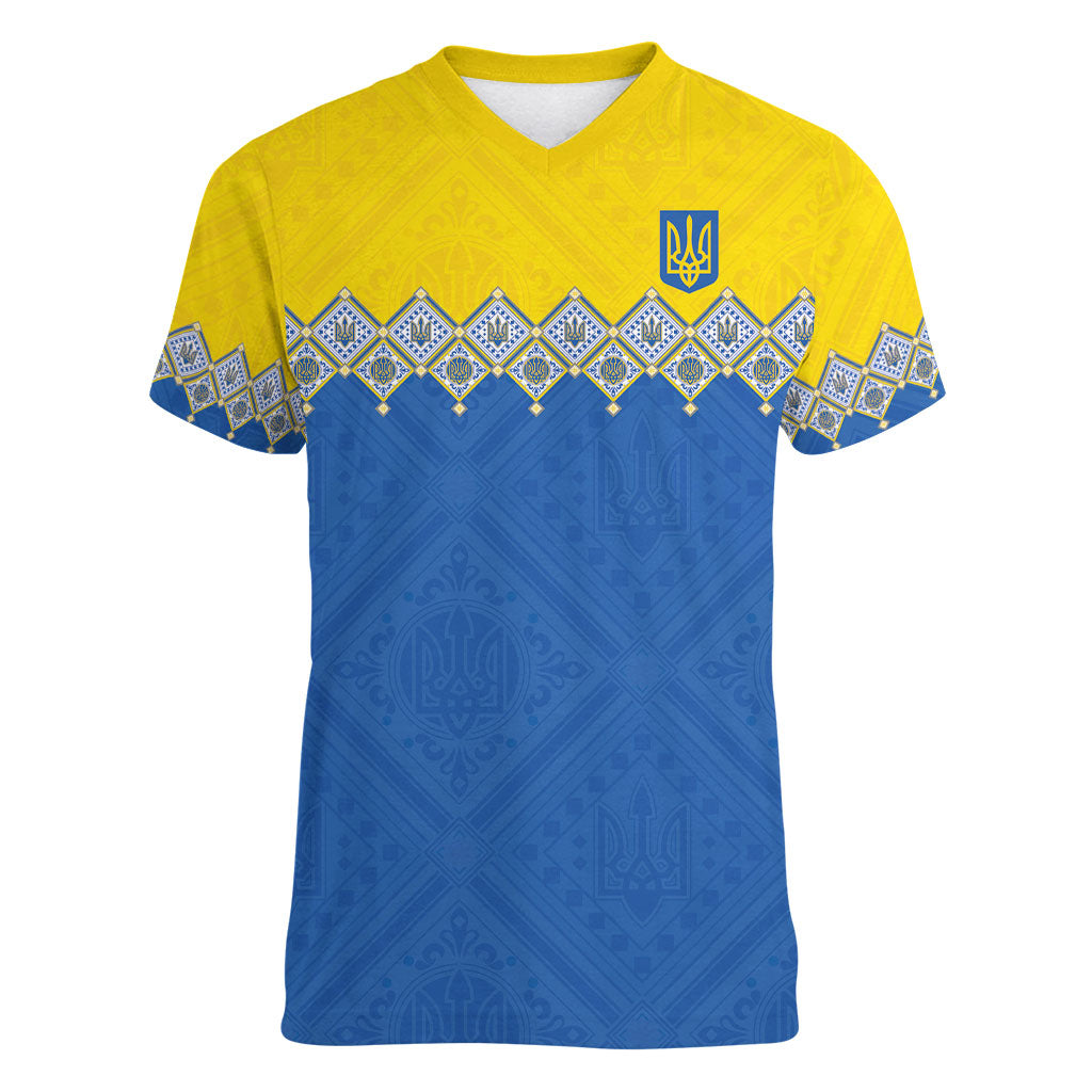 Ukraine Trident Symbol Women V-Neck T-Shirt Ukrainian Flag Inspired