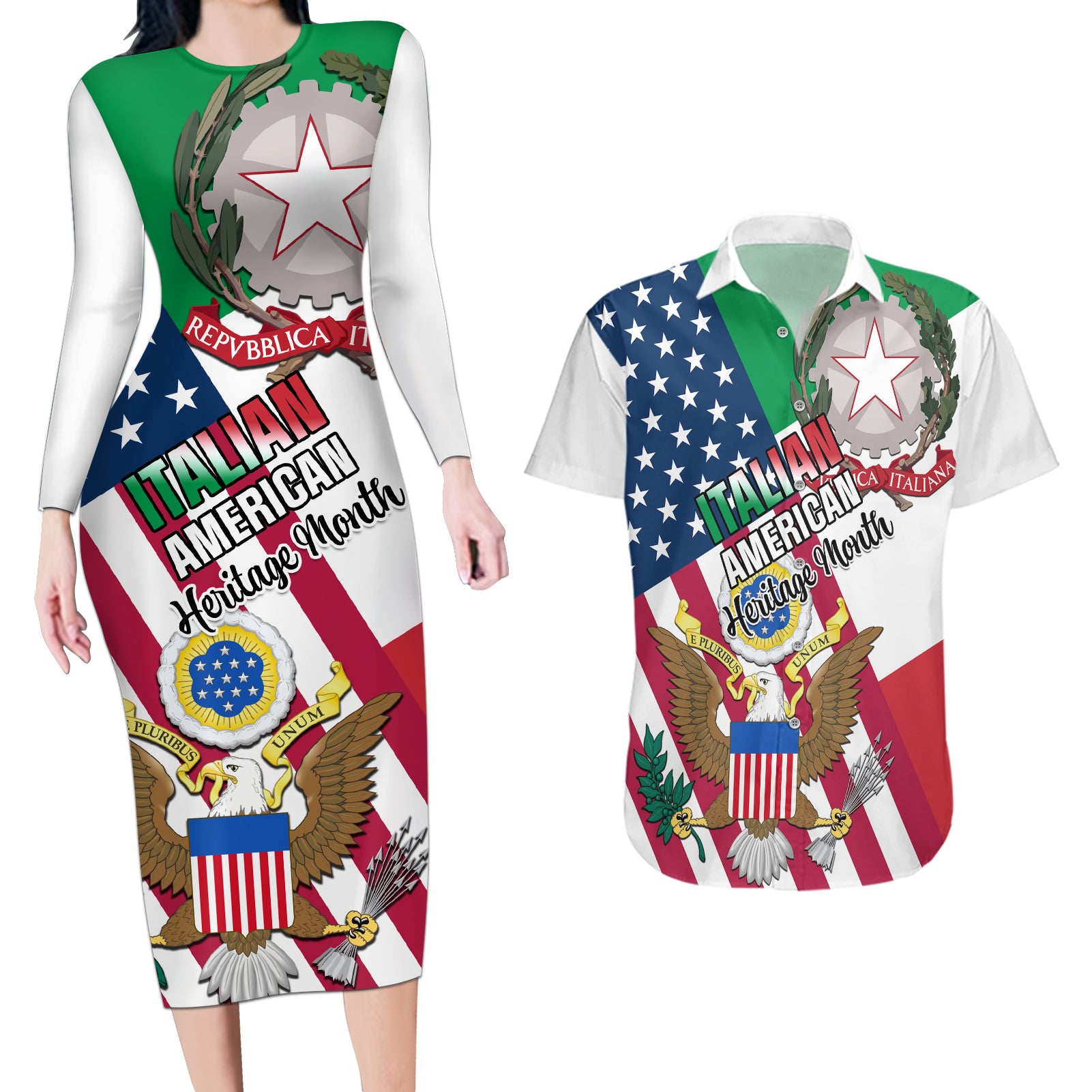 Personalised Italian American Heritage Month Couples Matching Long Sleeve Bodycon Dress and Hawaiian Shirt - Wonder Print Shop