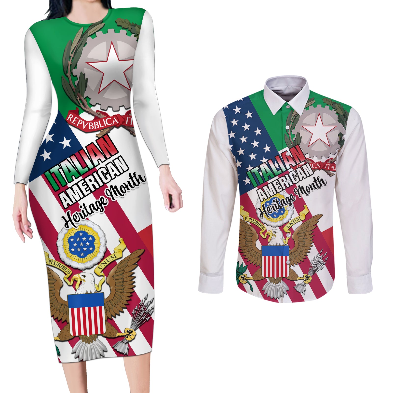 Personalised Italian American Heritage Month Couples Matching Long Sleeve Bodycon Dress and Long Sleeve Button Shirts - Wonder Print Shop