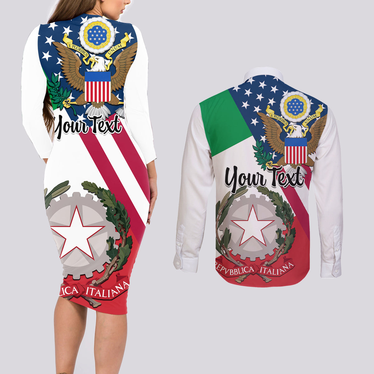 Personalised Italian American Heritage Month Couples Matching Long Sleeve Bodycon Dress and Long Sleeve Button Shirts - Wonder Print Shop
