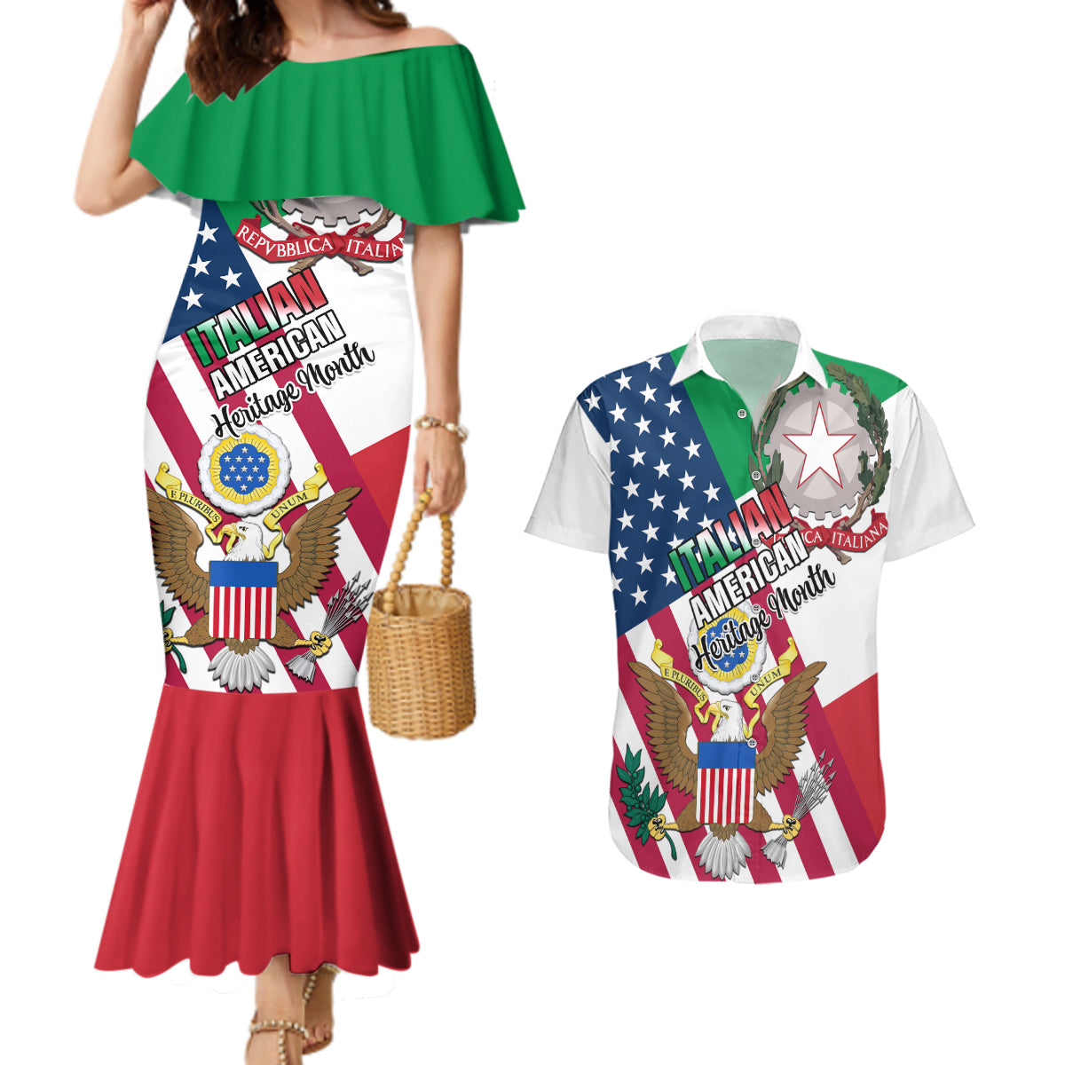 Personalised Italian American Heritage Month Couples Matching Mermaid Dress and Hawaiian Shirt - Wonder Print Shop