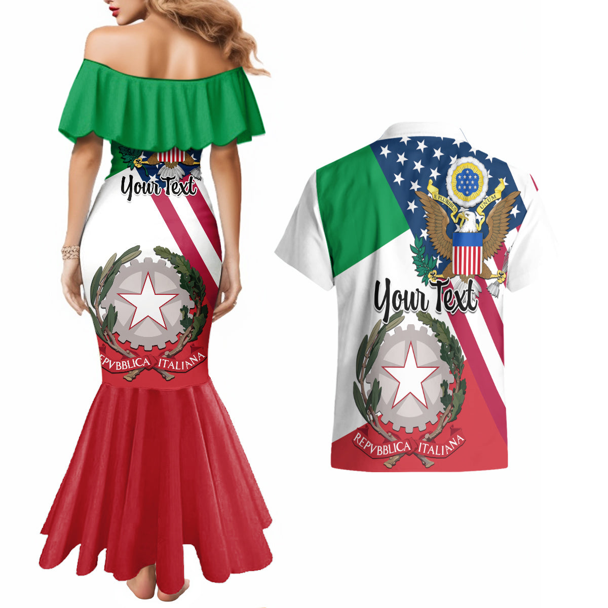 Personalised Italian American Heritage Month Couples Matching Mermaid Dress and Hawaiian Shirt - Wonder Print Shop