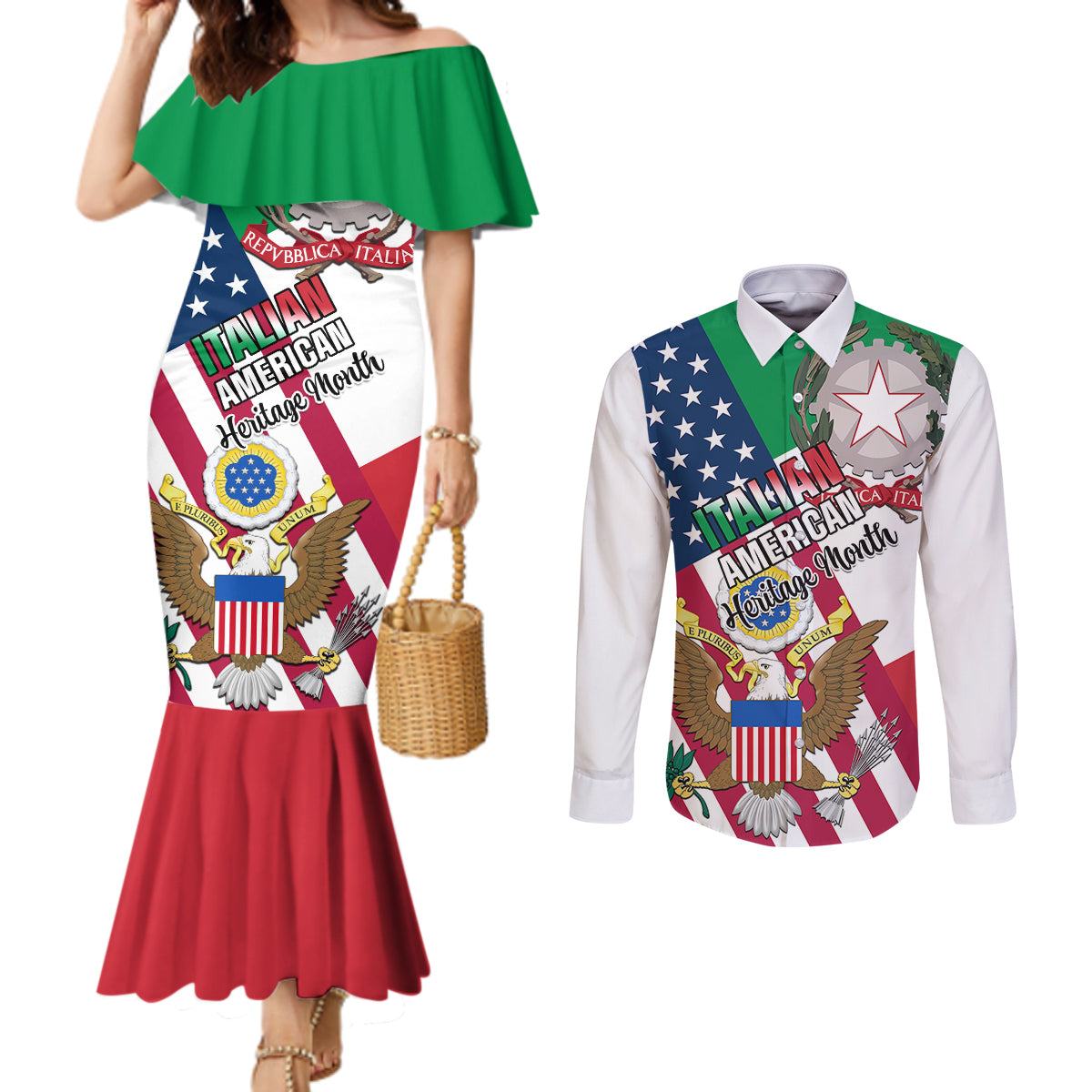 personalised-italian-american-heritage-month-couples-matching-mermaid-dress-and-long-sleeve-button-shirts