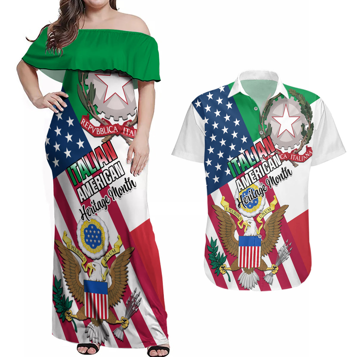Personalised Italian American Heritage Month Couples Matching Off Shoulder Maxi Dress and Hawaiian Shirt - Wonder Print Shop