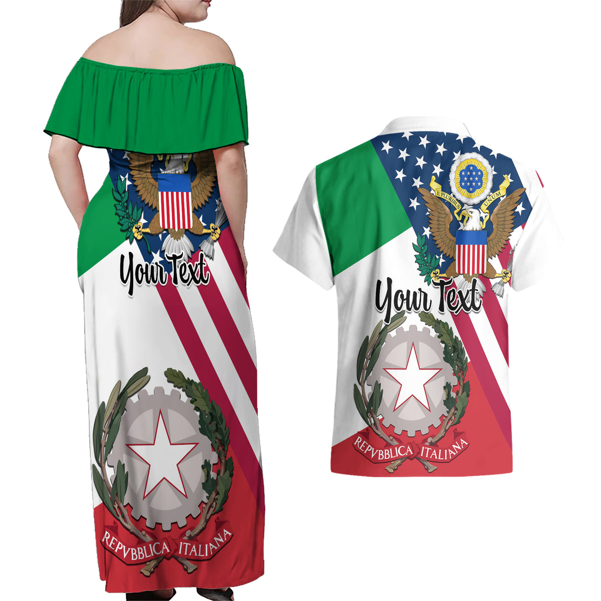 Personalised Italian American Heritage Month Couples Matching Off Shoulder Maxi Dress and Hawaiian Shirt - Wonder Print Shop