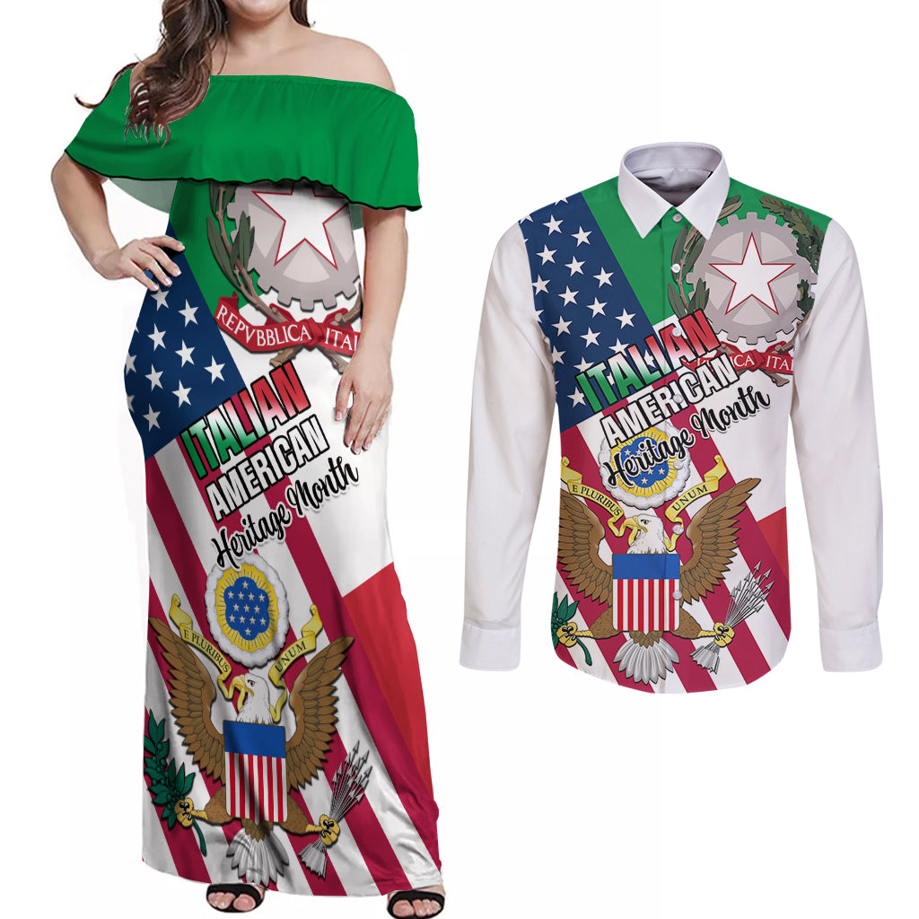 Personalised Italian American Heritage Month Couples Matching Off Shoulder Maxi Dress and Long Sleeve Button Shirts - Wonder Print Shop