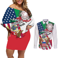 Personalised Italian American Heritage Month Couples Matching Off Shoulder Short Dress and Long Sleeve Button Shirts - Wonder Print Shop