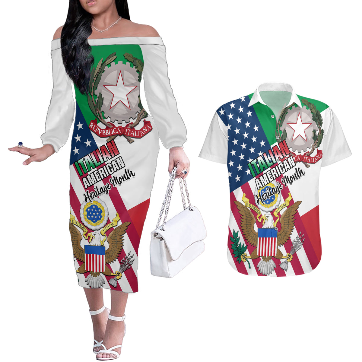 Personalised Italian American Heritage Month Couples Matching Off The Shoulder Long Sleeve Dress and Hawaiian Shirt - Wonder Print Shop