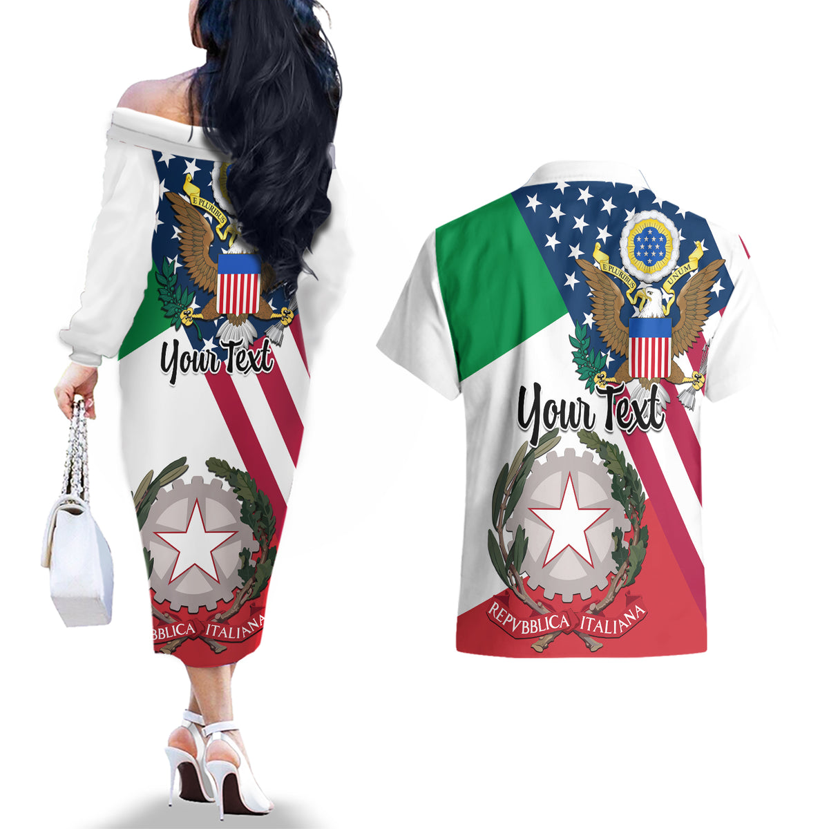 Personalised Italian American Heritage Month Couples Matching Off The Shoulder Long Sleeve Dress and Hawaiian Shirt - Wonder Print Shop