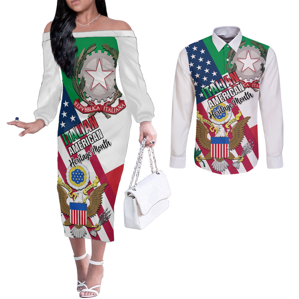 personalised-italian-american-heritage-month-couples-matching-off-the-shoulder-long-sleeve-dress-and-long-sleeve-button-shirts