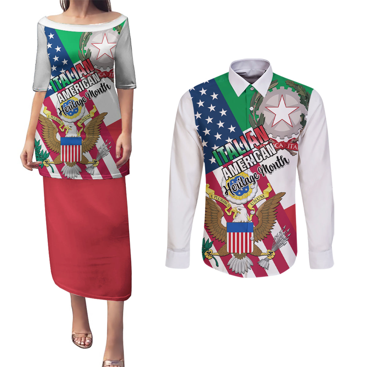 Personalised Italian American Heritage Month Couples Matching Puletasi Dress and Long Sleeve Button Shirts - Wonder Print Shop