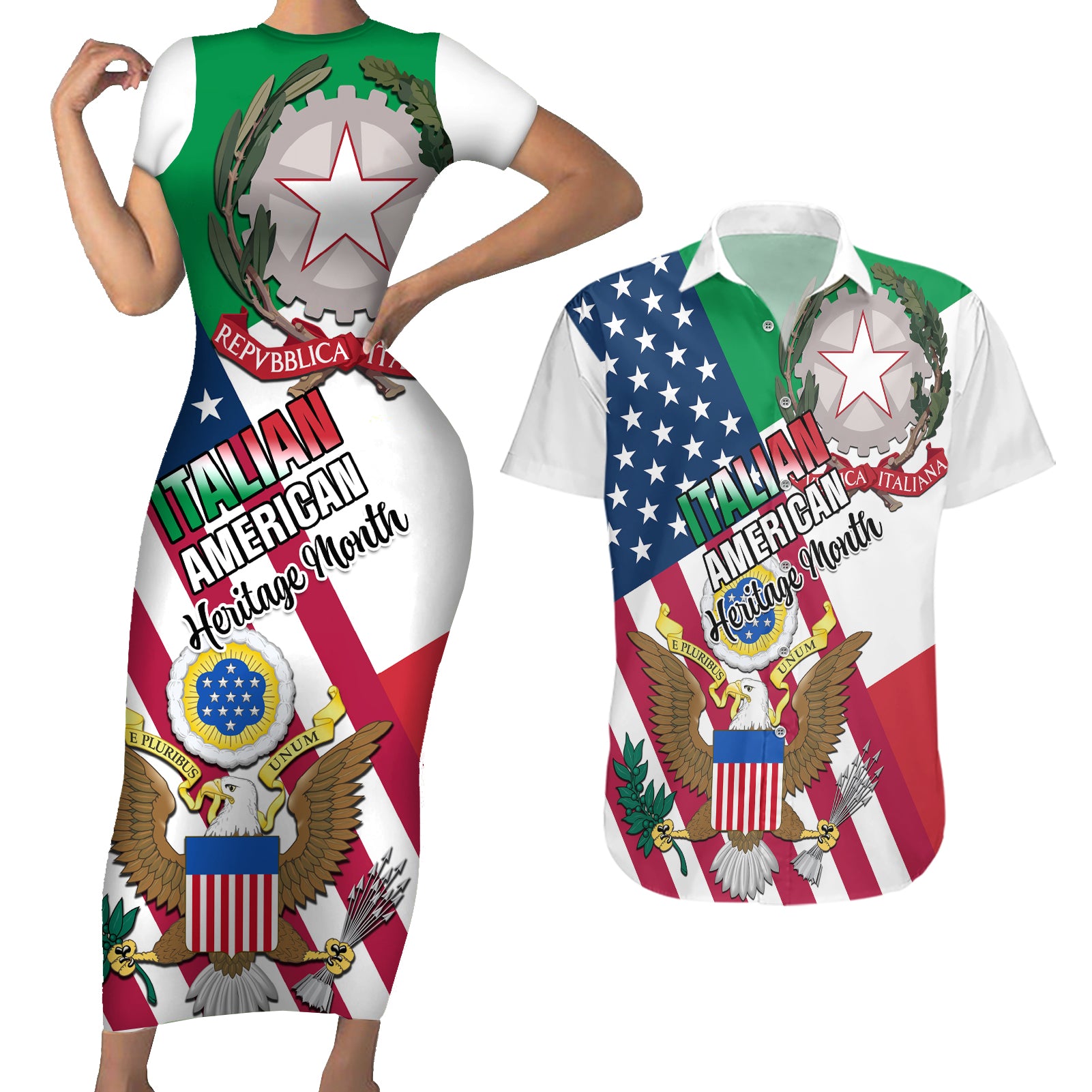 Personalised Italian American Heritage Month Couples Matching Short Sleeve Bodycon Dress and Hawaiian Shirt - Wonder Print Shop