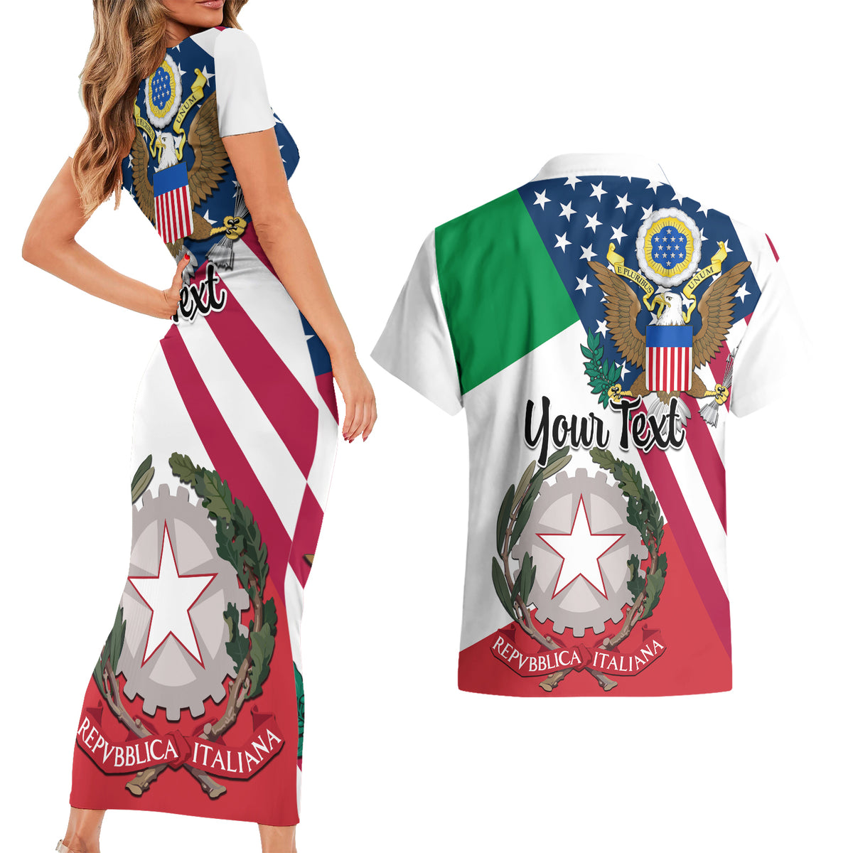 Personalised Italian American Heritage Month Couples Matching Short Sleeve Bodycon Dress and Hawaiian Shirt - Wonder Print Shop