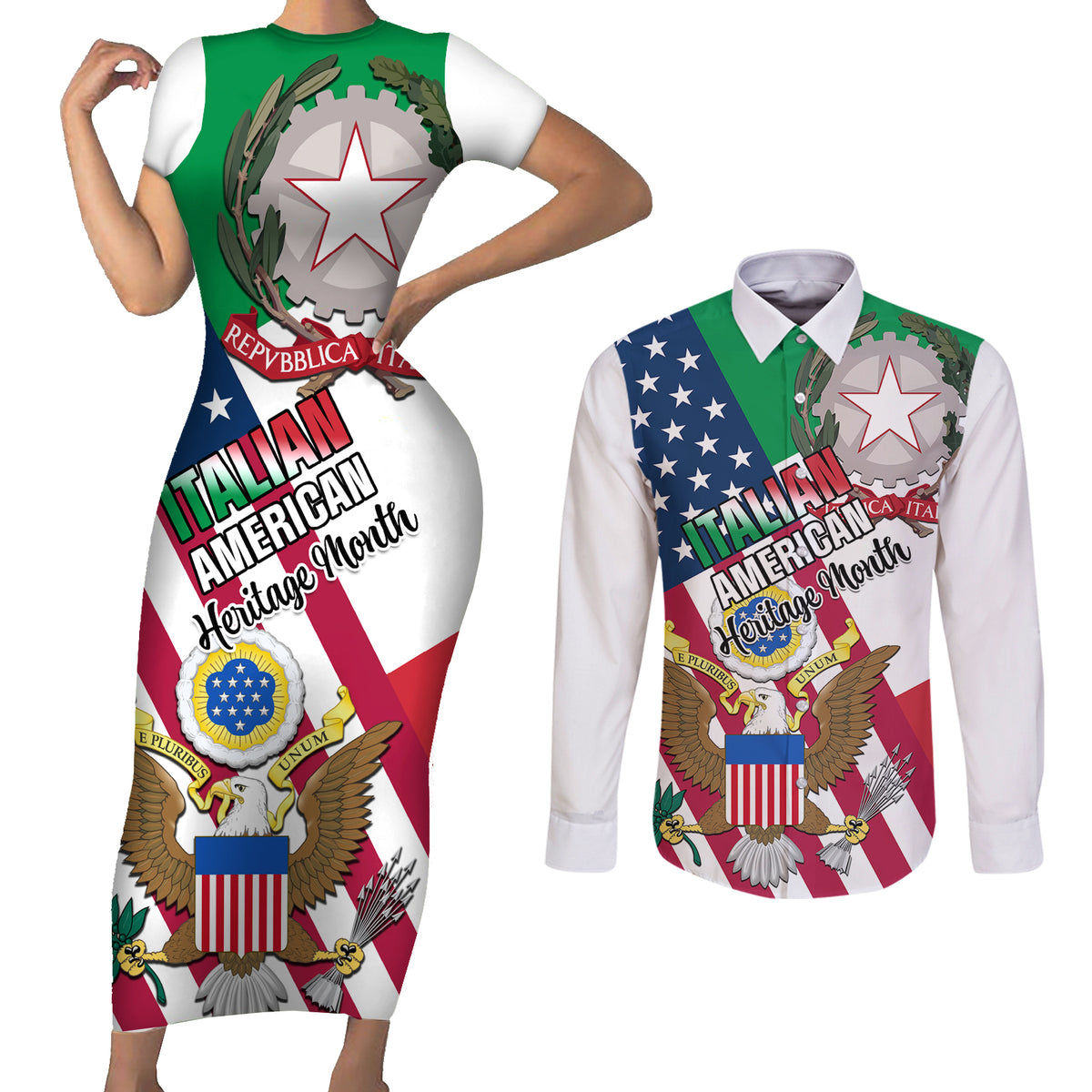 Personalised Italian American Heritage Month Couples Matching Short Sleeve Bodycon Dress and Long Sleeve Button Shirts - Wonder Print Shop
