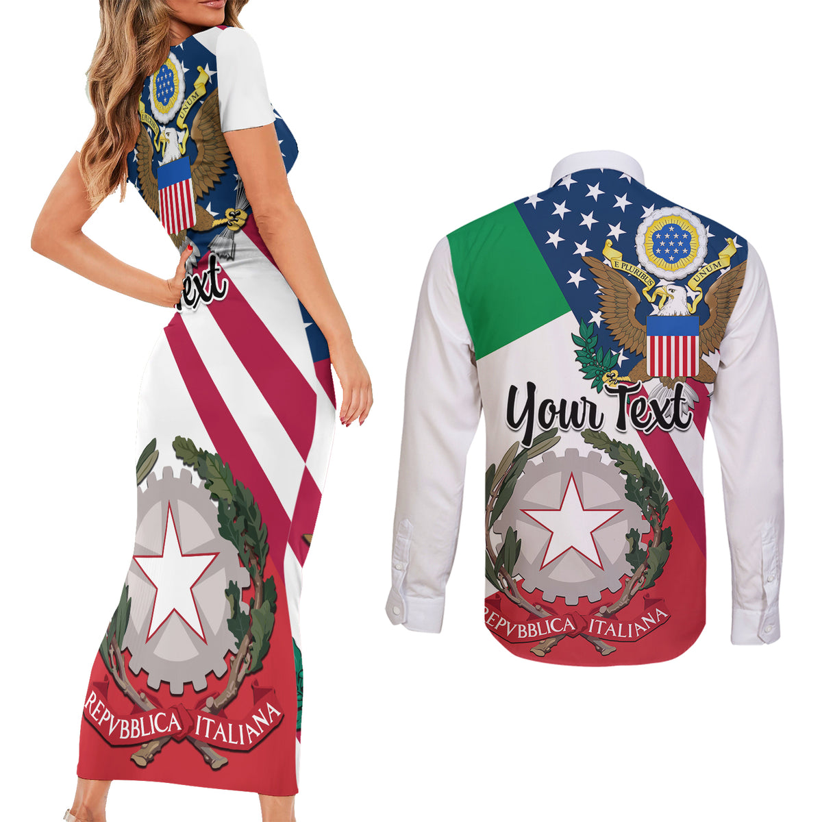 Personalised Italian American Heritage Month Couples Matching Short Sleeve Bodycon Dress and Long Sleeve Button Shirts - Wonder Print Shop