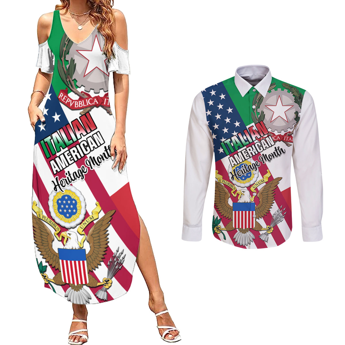 Personalised Italian American Heritage Month Couples Matching Summer Maxi Dress and Long Sleeve Button Shirts - Wonder Print Shop