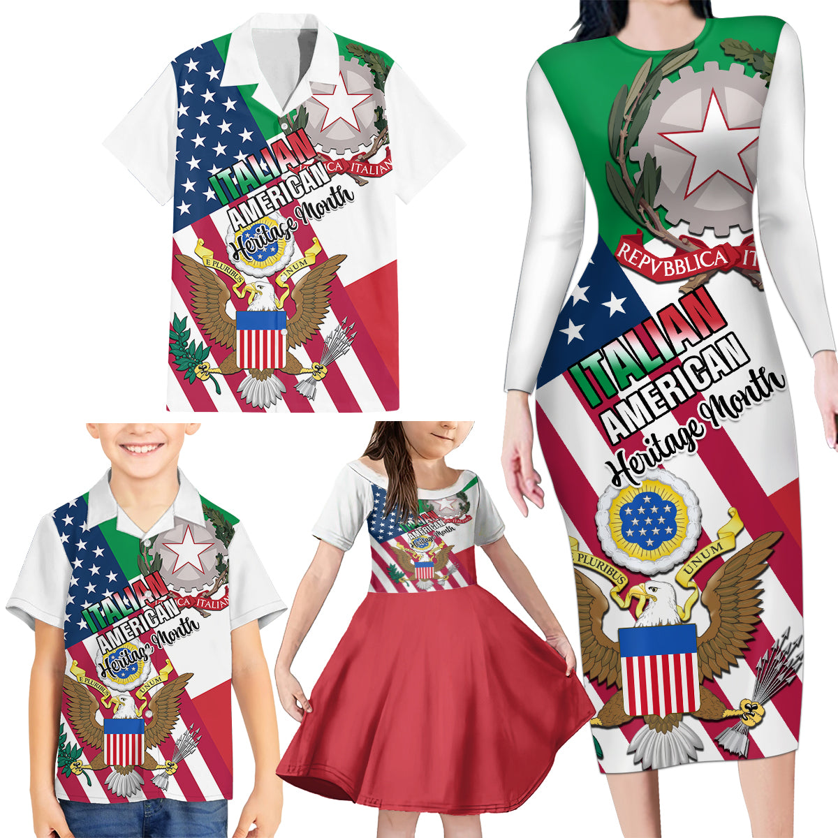 Personalised Italian American Heritage Month Family Matching Long Sleeve Bodycon Dress and Hawaiian Shirt - Wonder Print Shop