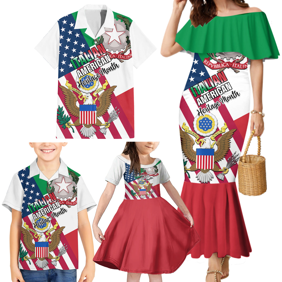 Personalised Italian American Heritage Month Family Matching Mermaid Dress and Hawaiian Shirt - Wonder Print Shop