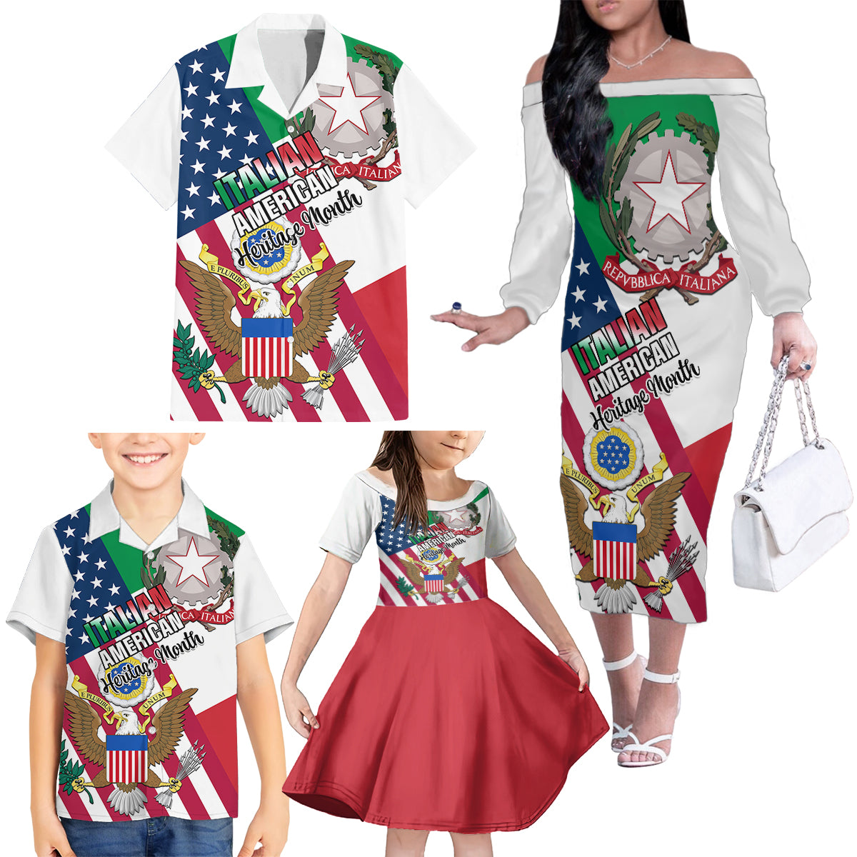 Personalised Italian American Heritage Month Family Matching Off Shoulder Long Sleeve Dress and Hawaiian Shirt - Wonder Print Shop