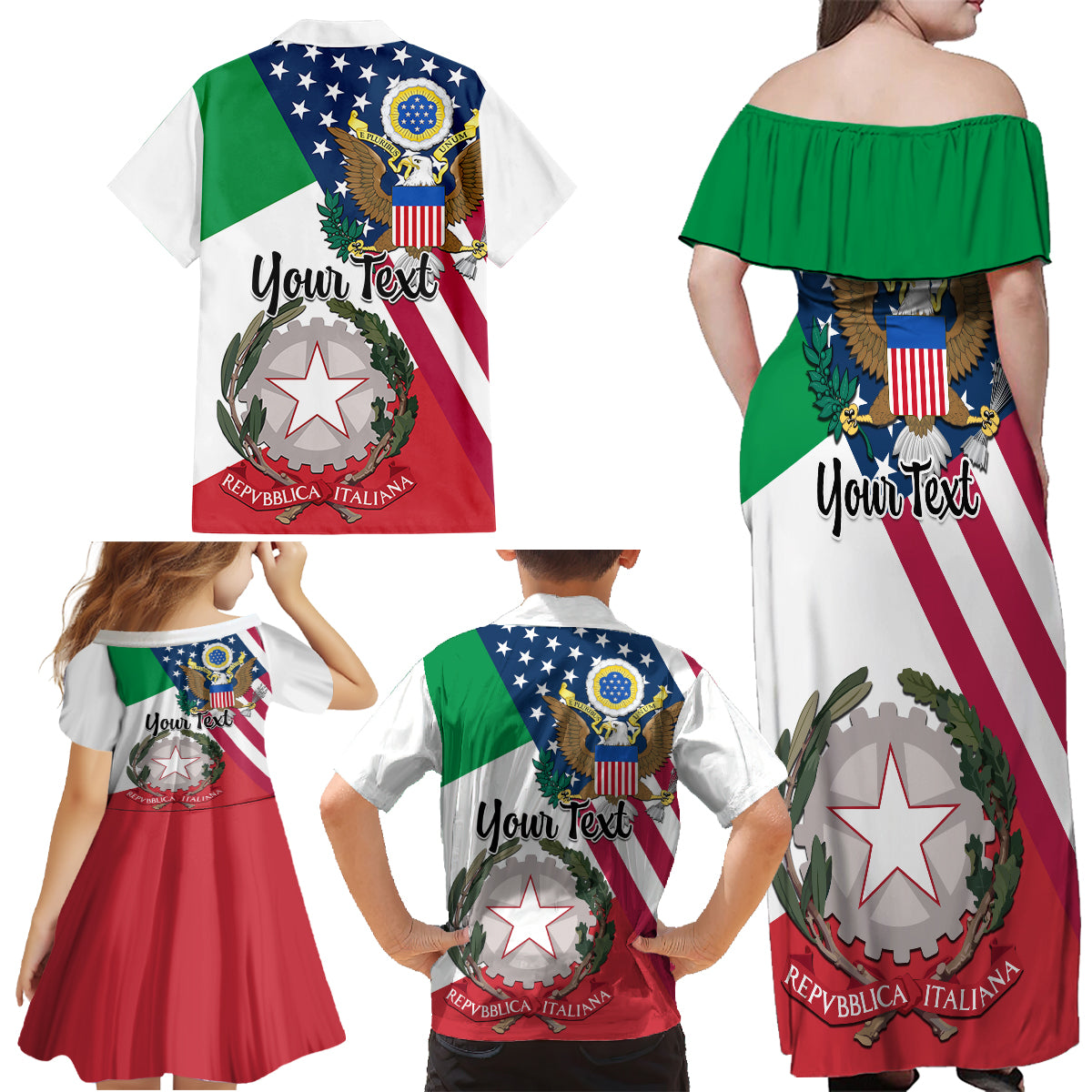 Personalised Italian American Heritage Month Family Matching Off Shoulder Long Sleeve Dress and Hawaiian Shirt - Wonder Print Shop
