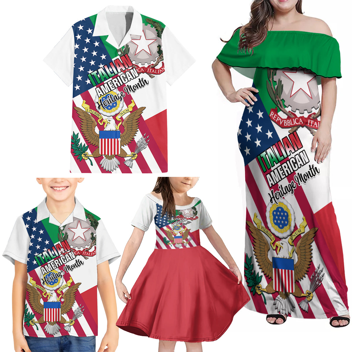 Personalised Italian American Heritage Month Family Matching Off Shoulder Maxi Dress and Hawaiian Shirt - Wonder Print Shop