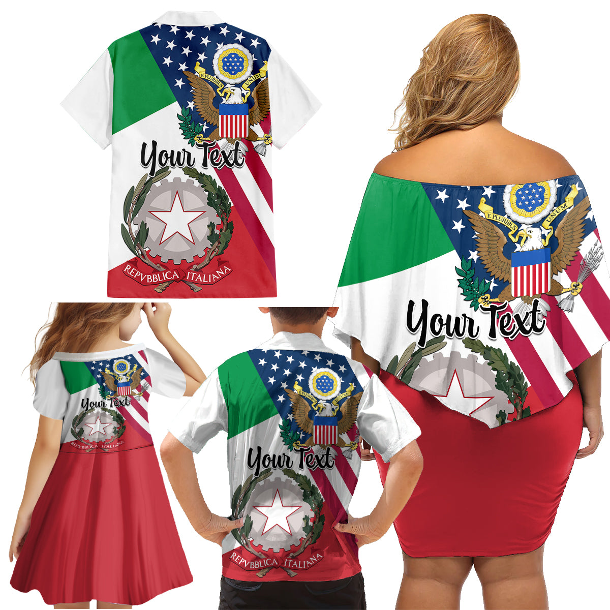 Personalised Italian American Heritage Month Family Matching Off Shoulder Short Dress and Hawaiian Shirt - Wonder Print Shop