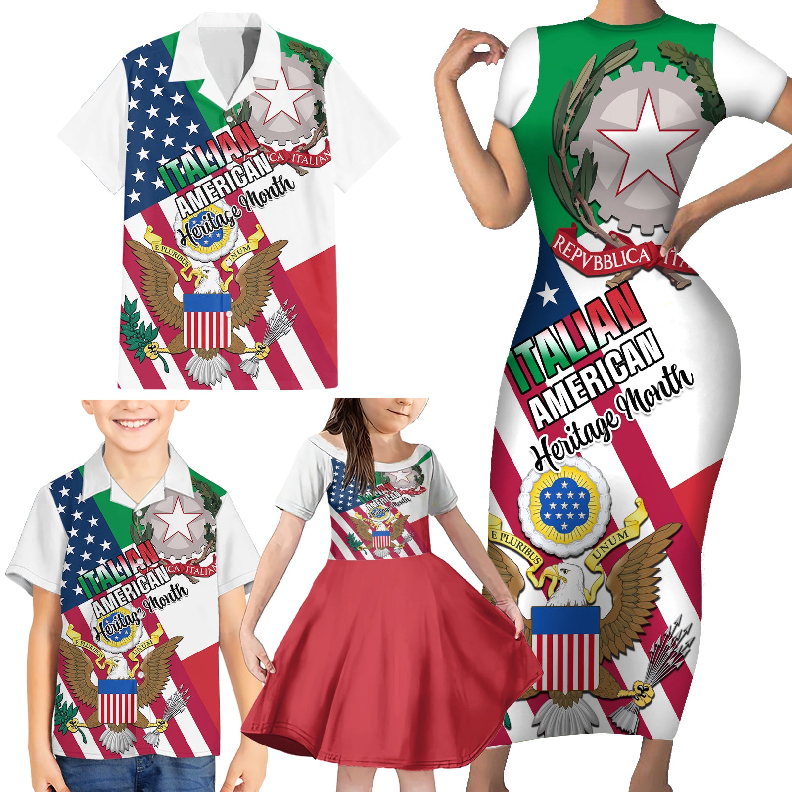 Personalised Italian American Heritage Month Family Matching Short Sleeve Bodycon Dress and Hawaiian Shirt - Wonder Print Shop