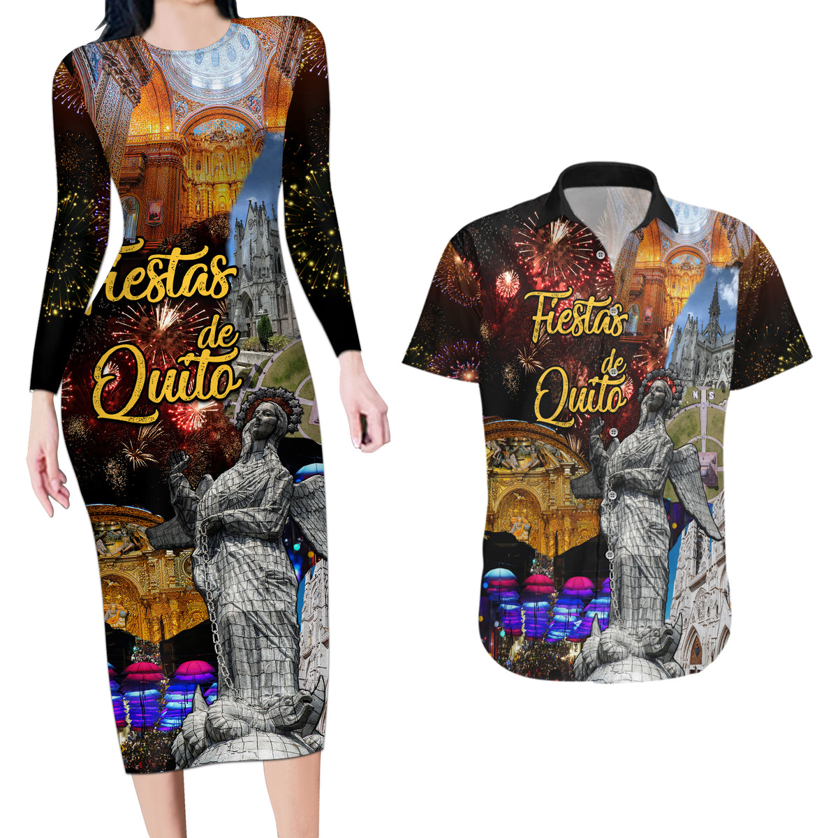 Ecuador Couples Matching Long Sleeve Bodycon Dress and Hawaiian Shirt Fiestas de Quito 2023 Unique Version - Wonder Print Shop