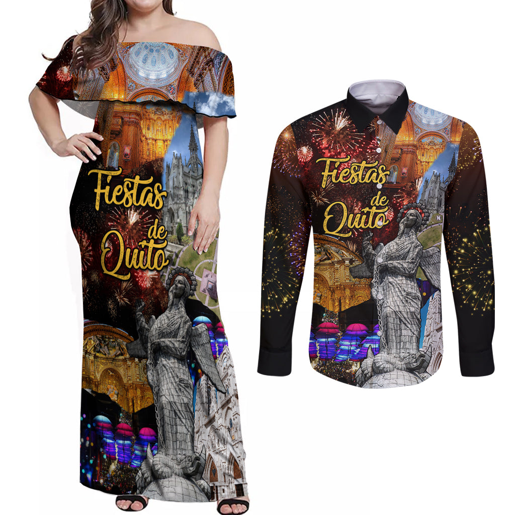 Ecuador Couples Matching Off Shoulder Maxi Dress and Long Sleeve Button Shirt Fiestas de Quito 2023 Unique Version - Wonder Print Shop