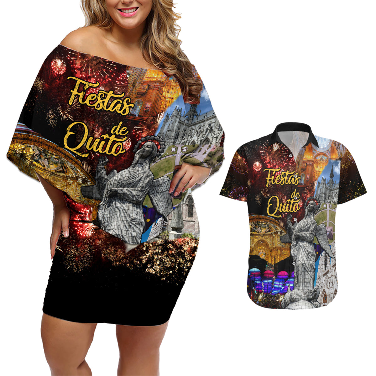 Ecuador Couples Matching Off Shoulder Short Dress and Hawaiian Shirt Fiestas de Quito 2023 Unique Version - Wonder Print Shop