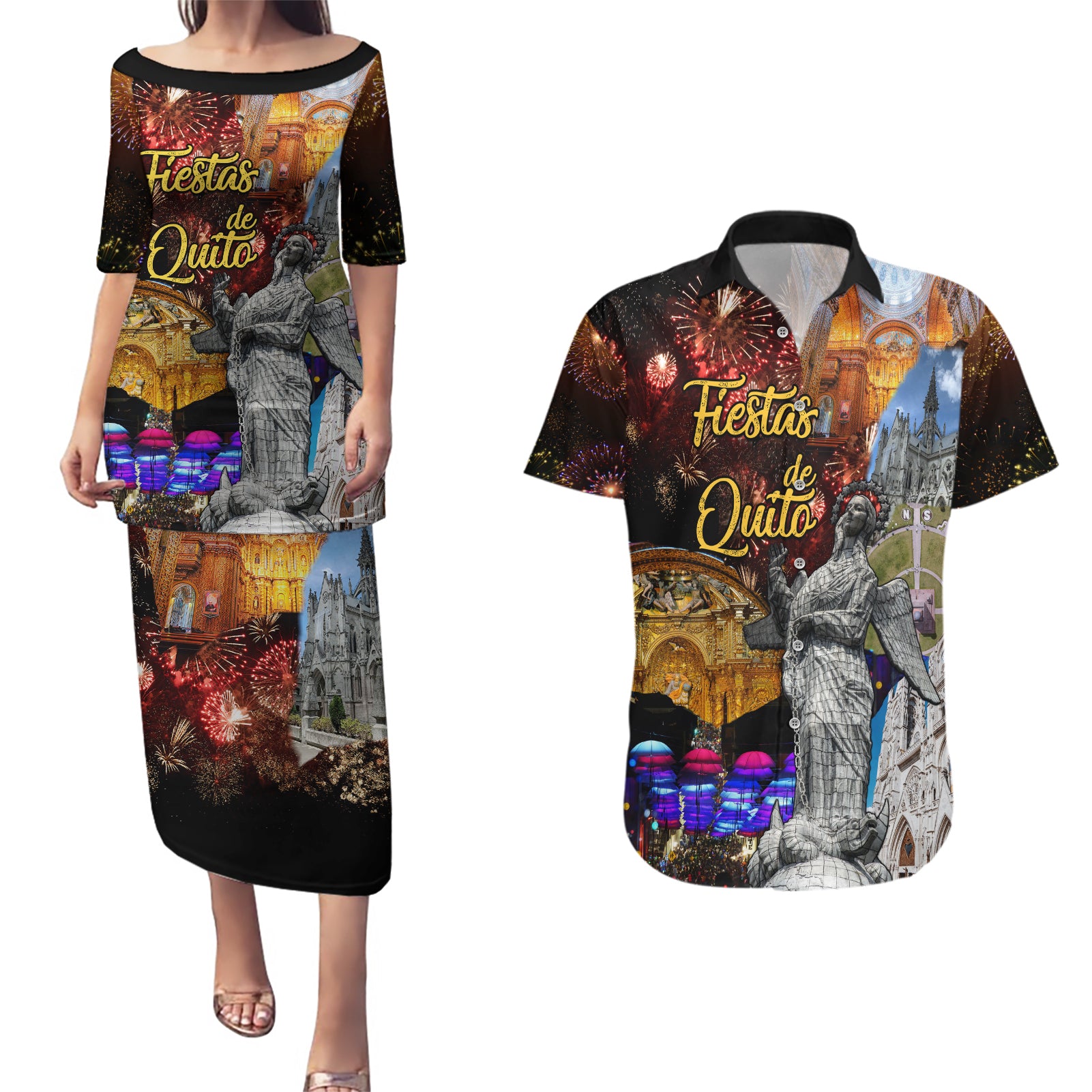 Ecuador Couples Matching Puletasi Dress and Hawaiian Shirt Fiestas de Quito 2023 Unique Version - Wonder Print Shop