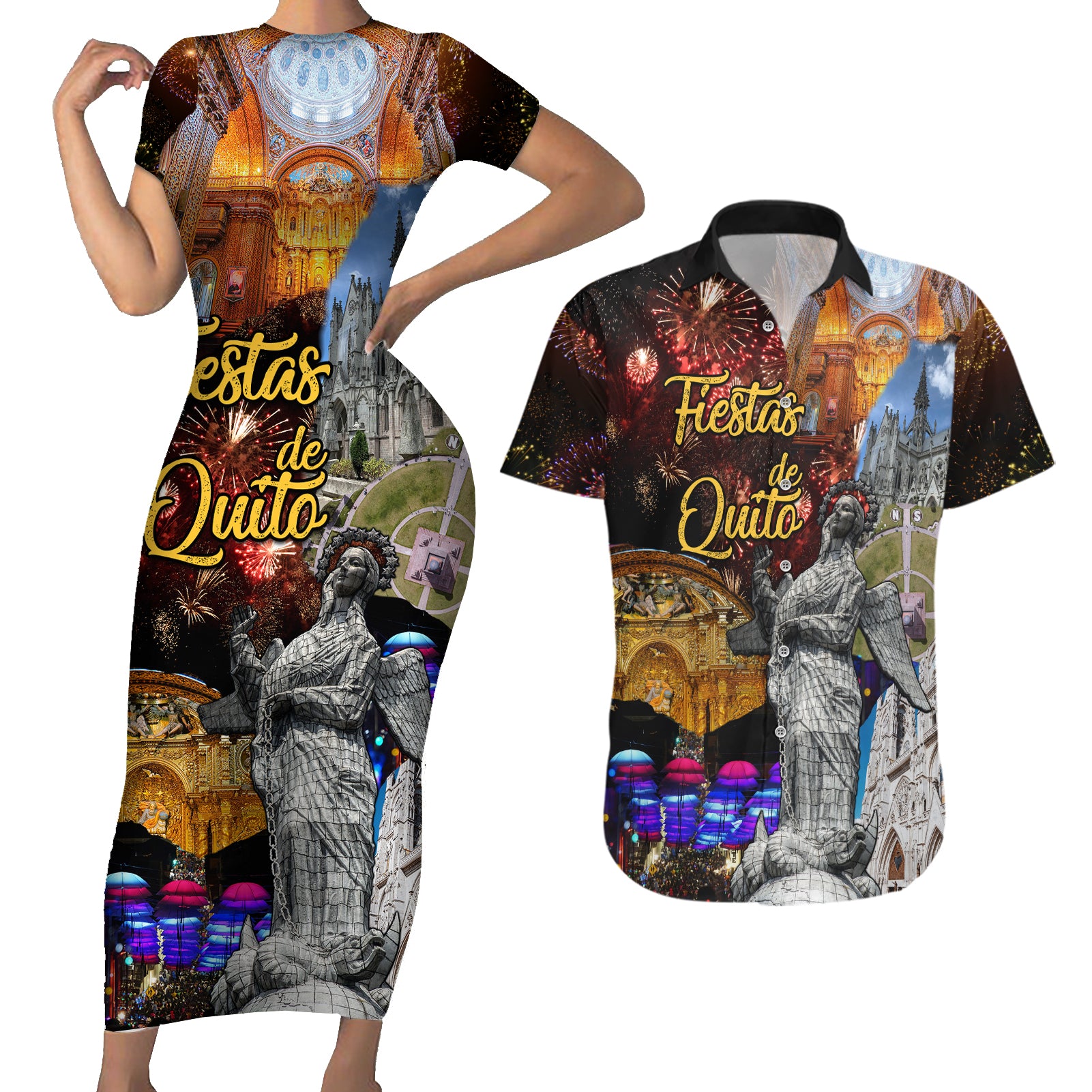ecuador-couples-matching-short-sleeve-bodycon-dress-and-hawaiian-shirt-fiestas-de-quito-2023-unique-version