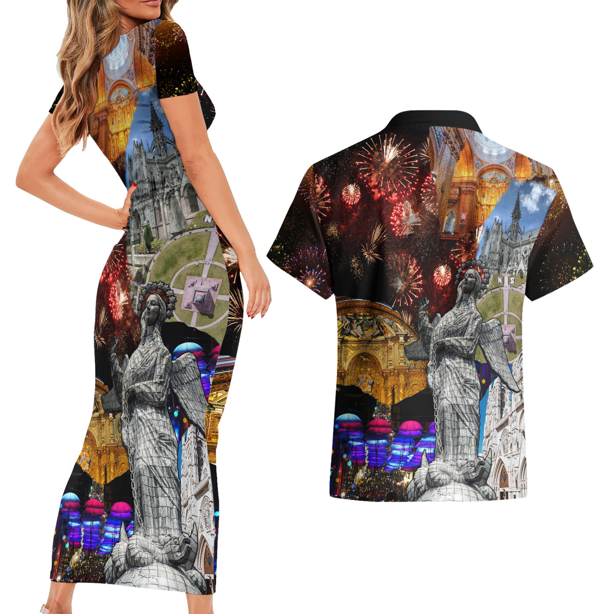 Ecuador Couples Matching Short Sleeve Bodycon Dress and Hawaiian Shirt Fiestas de Quito 2023 Unique Version - Wonder Print Shop