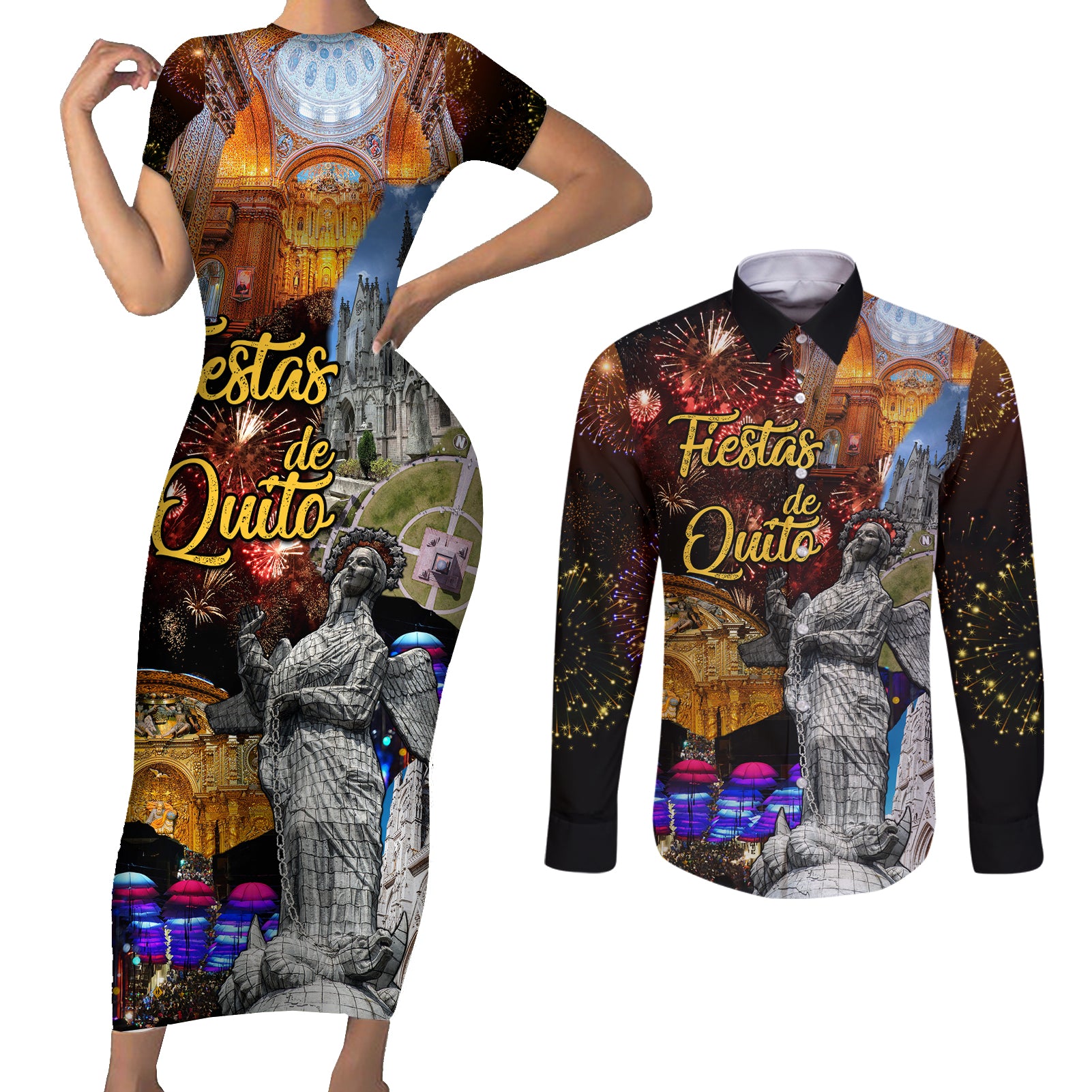 Ecuador Couples Matching Short Sleeve Bodycon Dress and Long Sleeve Button Shirt Fiestas de Quito 2023 Unique Version - Wonder Print Shop