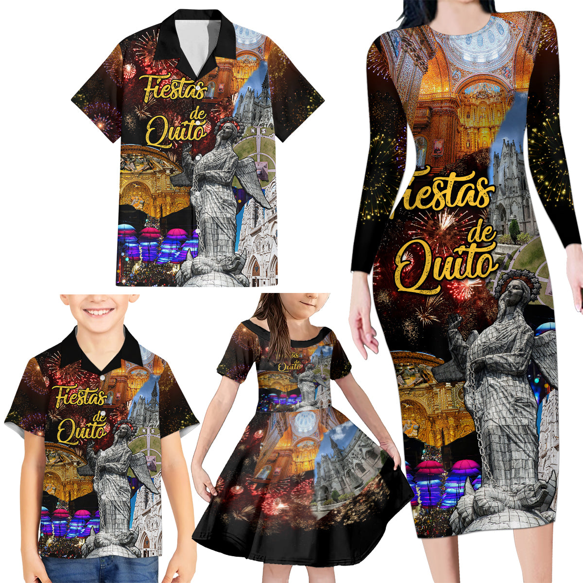 Ecuador Family Matching Long Sleeve Bodycon Dress and Hawaiian Shirt Fiestas de Quito 2023 Unique Version - Wonder Print Shop