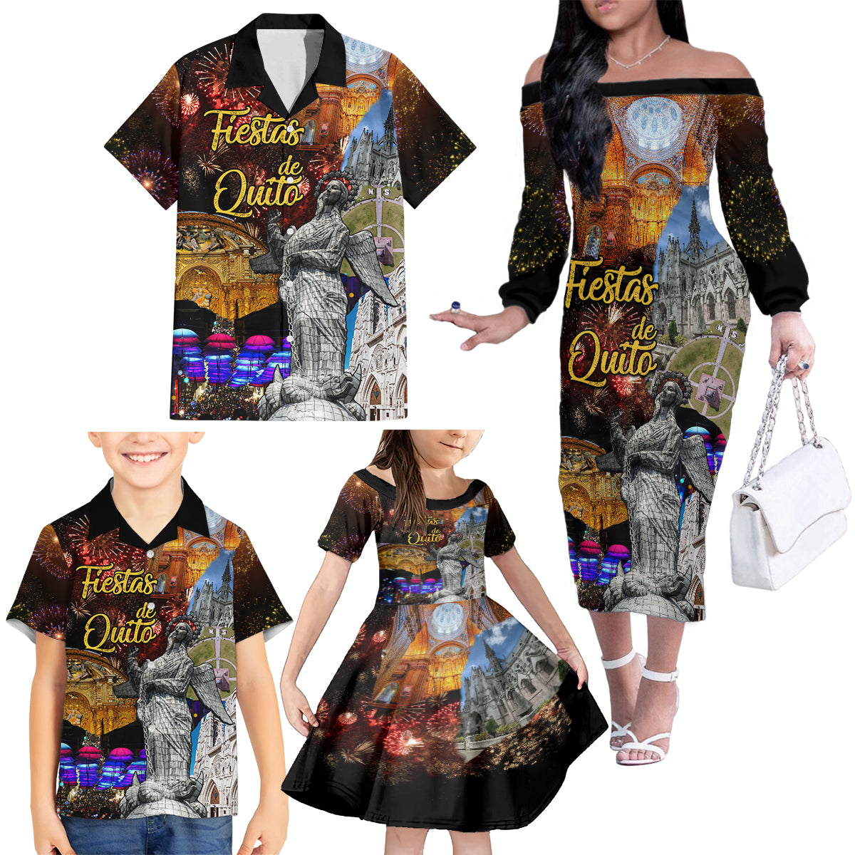 Ecuador Family Matching Off Shoulder Long Sleeve Dress and Hawaiian Shirt Fiestas de Quito 2023 Unique Version - Wonder Print Shop