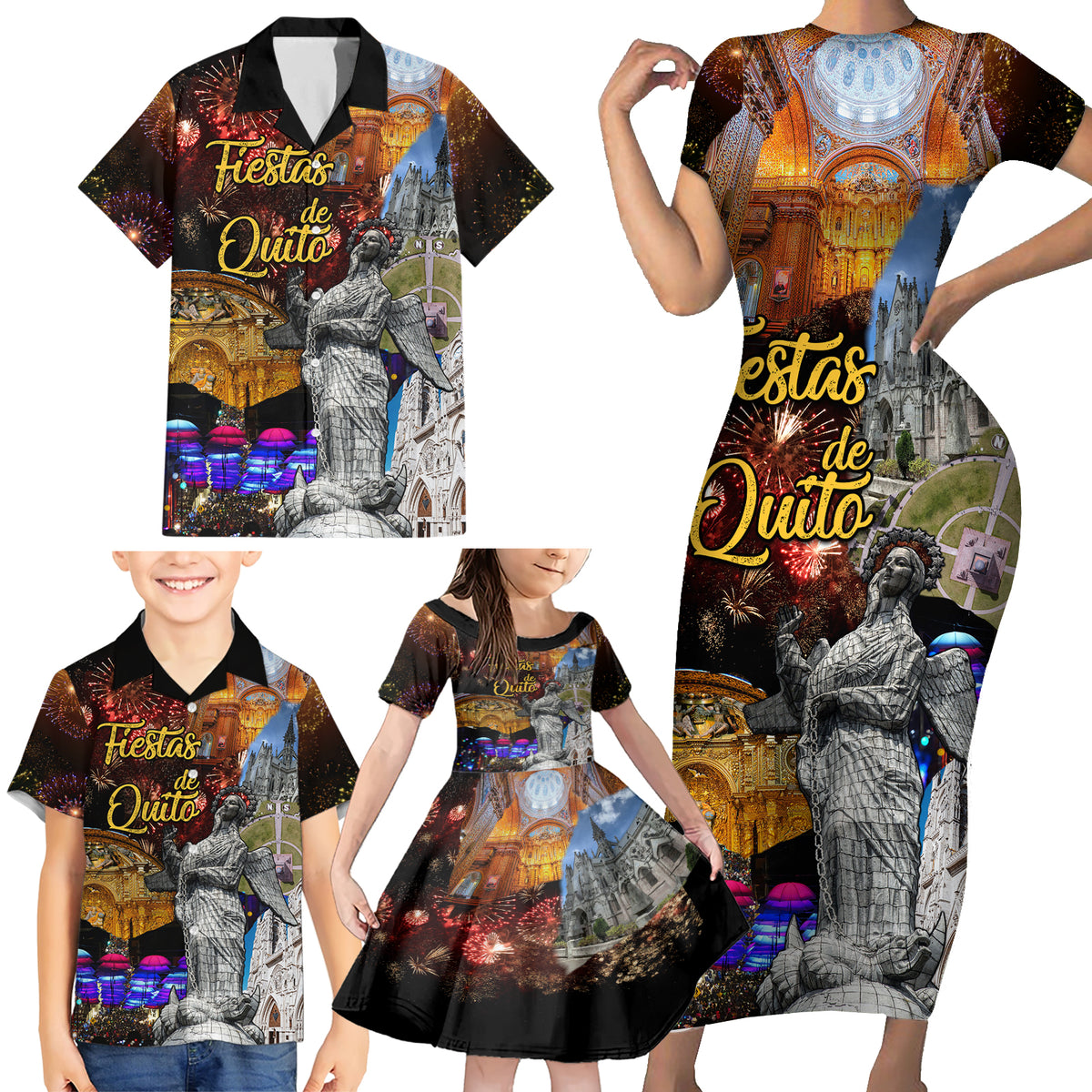 Ecuador Family Matching Short Sleeve Bodycon Dress and Hawaiian Shirt Fiestas de Quito 2023 Unique Version - Wonder Print Shop