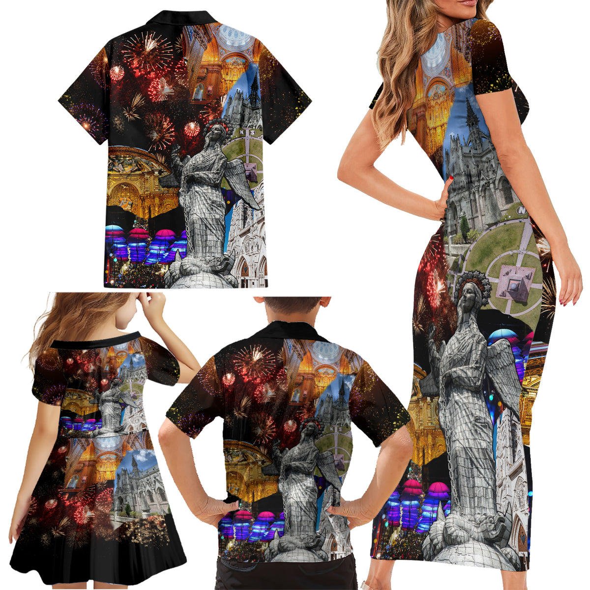 Ecuador Family Matching Short Sleeve Bodycon Dress and Hawaiian Shirt Fiestas de Quito 2023 Unique Version - Wonder Print Shop