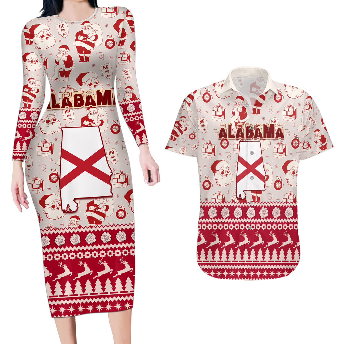 Custom Alabama Christmas Couples Matching Long Sleeve Bodycon Dress and Hawaiian Shirt Santa Claus Xmas Pattern - Wonder Print Shop