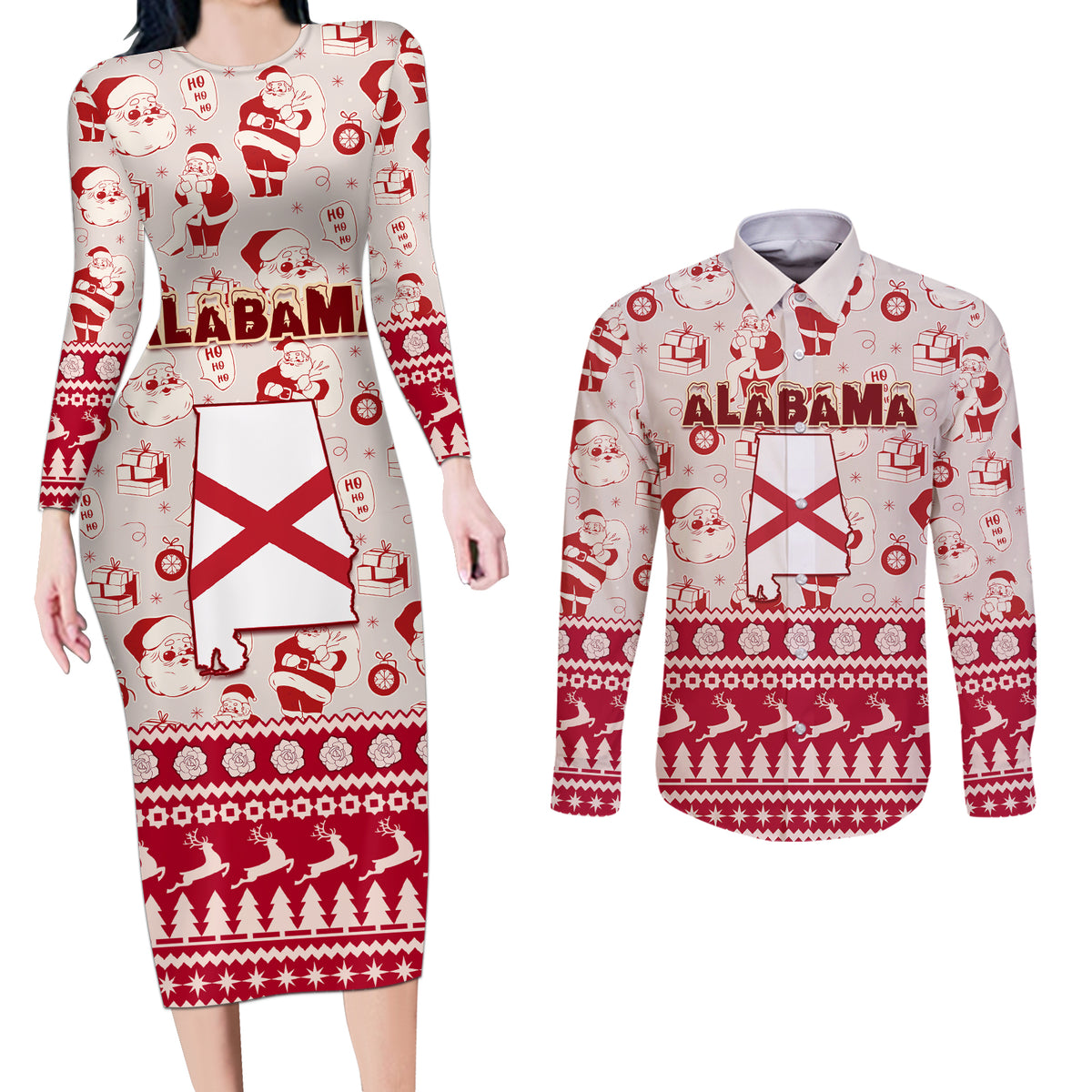 Custom Alabama Christmas Couples Matching Long Sleeve Bodycon Dress and Long Sleeve Button Shirt Santa Claus Xmas Pattern - Wonder Print Shop