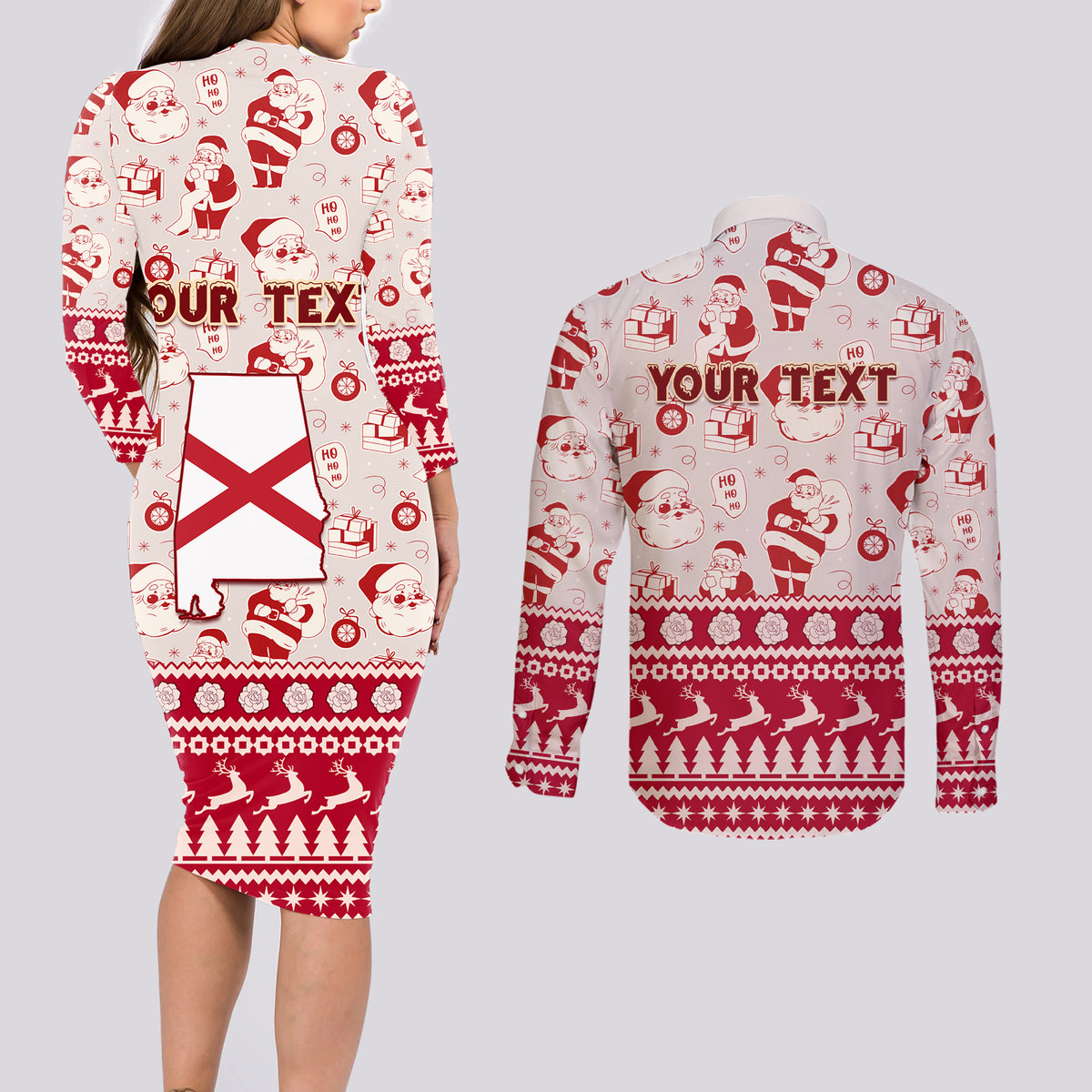 Custom Alabama Christmas Couples Matching Long Sleeve Bodycon Dress and Long Sleeve Button Shirt Santa Claus Xmas Pattern - Wonder Print Shop